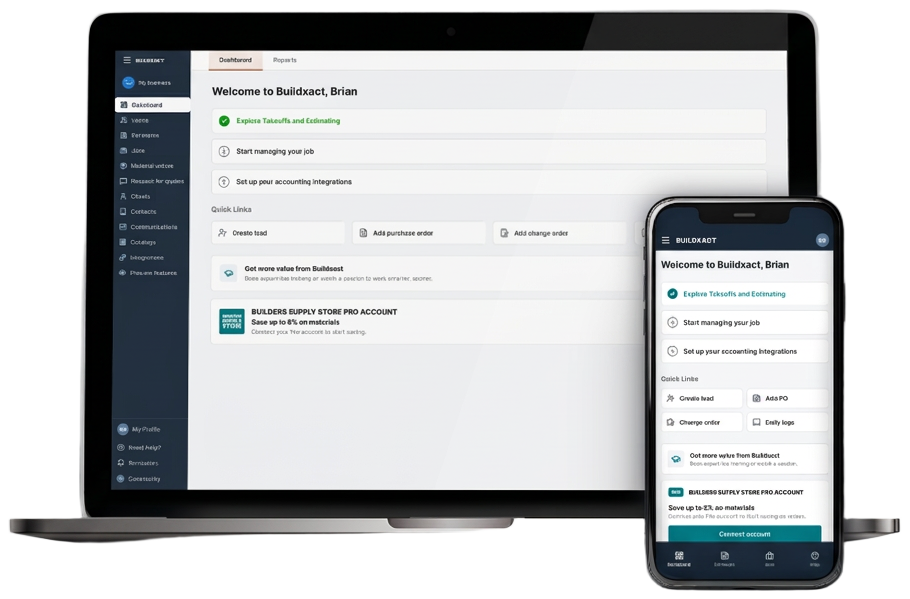 Buildxact dashboard shown on a laptop and phone